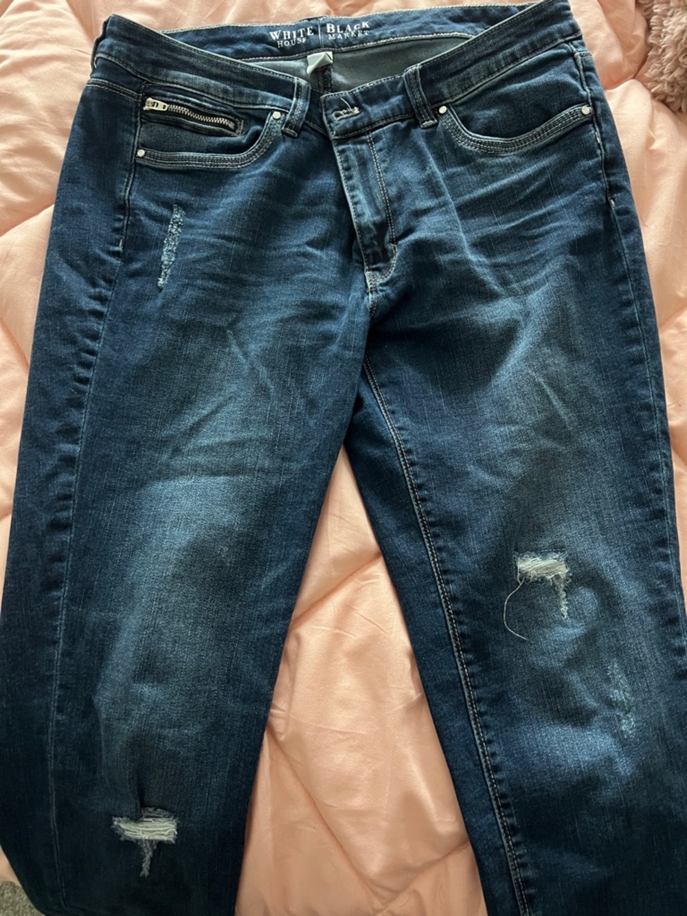 White House Black Market🩵 Slim Straight Dark Blue Distressed Jeans NWOT